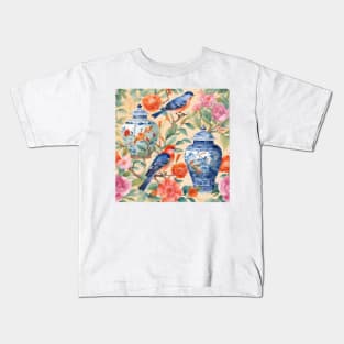 Chinoiserie jars, birds and flowers watercolor painting Kids T-Shirt